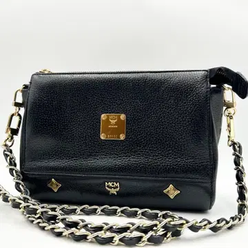 레어 MCM 숄더백 비세토스 체인 주름 가죽 블랙 블랙