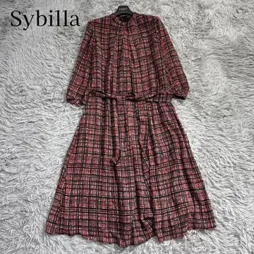 미사용급 2020년 시빌라 체크 무늬 롱 원피스 긴팔 벨트 레드