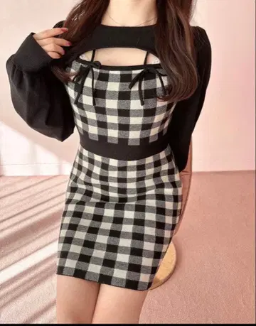 evelyn 리본 체크 타이트 OP 블랙 원피스