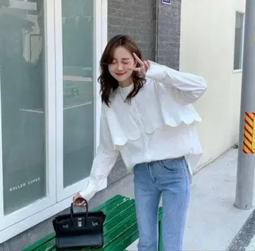 birthdaybash 화이트 스캘럽 옷깃 긴팔 셔츠