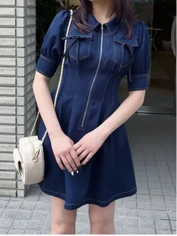 원웨이 네이비 반팔 미니 원피스