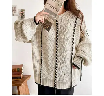 클래식 엘프 2WAY 클레이지 스티치 크루넥 니트 미사용 XL