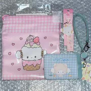 산리오 코기뮨 복조리 파우치 로고 자수 택 키링