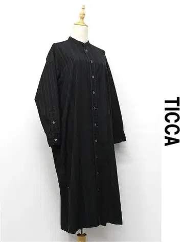 U344/ TICCA 롱 셔츠 원피스 스트라이프 블랙 염색 밴드 카라