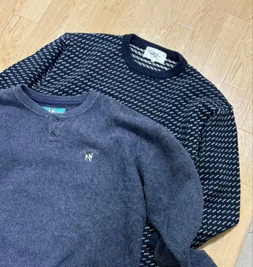 네이비 니트 스웨터 세트 구제 의류 버즈아이 패턴 헨리넥