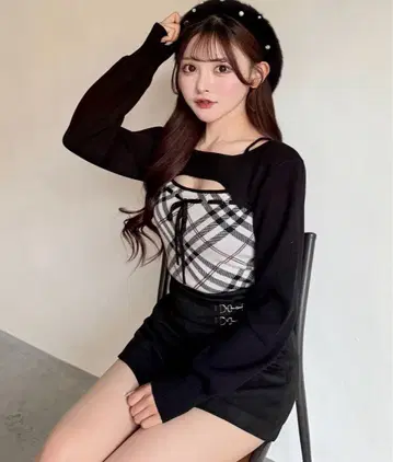 체크 리본 숏 레이어드 니트 NOMAE 미사용 새상품 택 포함