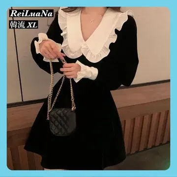 [ ReiLuaNa ] 여성용 프릴 원피스 긴팔 블랙 한국 XL