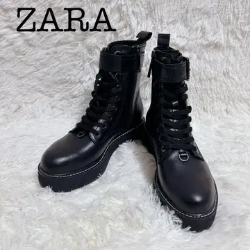 새상품 ZARA 레이스업 벨트 부츠 [38] 사이드 지퍼 천연 가죽 블랙