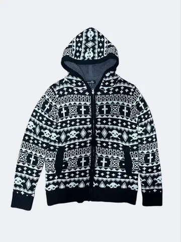 해골/크로스 패턴 후드 부착 니트 후드티