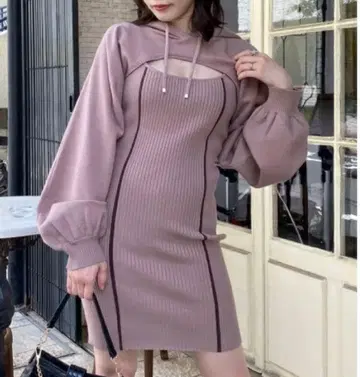 립 서비스 데콜테 오픈 레이어드 니트 원피스 OP