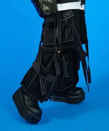 [레어] GALFY 갈피 컬러풀 테크노 팬츠 카고 팬츠 스티치 블랙