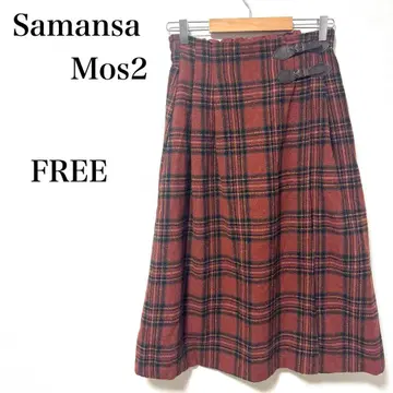 사만사 모스 2 브라운 체크 스커트 허리 앞 벨트 장식 FREE