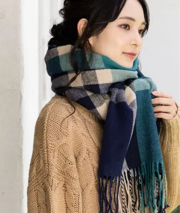 체크 무늬 울 혼방 머플러