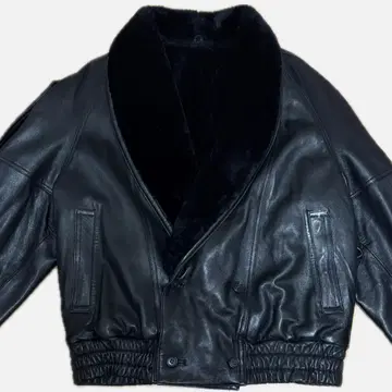 블랙 가죽 더블 브레스트 자켓 옷깃 퍼 보아. 블루종 빈티지 구제 의류