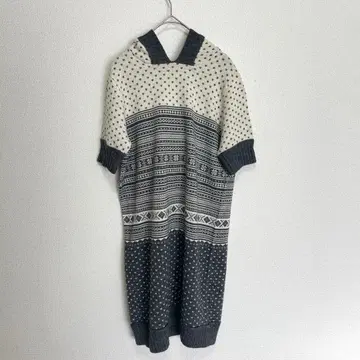 PLST 후드 부착 니트 원피스 페어아일 패턴 그레이 계열 M 상당