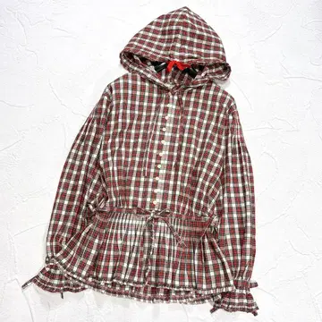 새상품급 핑크하우스 후드 부착 블라우스 프론트 오픈 페플럼 리본 피코프릴