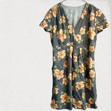 꽃무늬 반팔 무릎 기장 원피스 그레이 오렌지