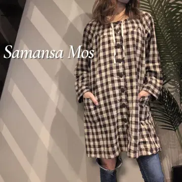 SamanthaMos2 체크 무늬 코튼 린넨 스탠드 넥 튜닉 원피스