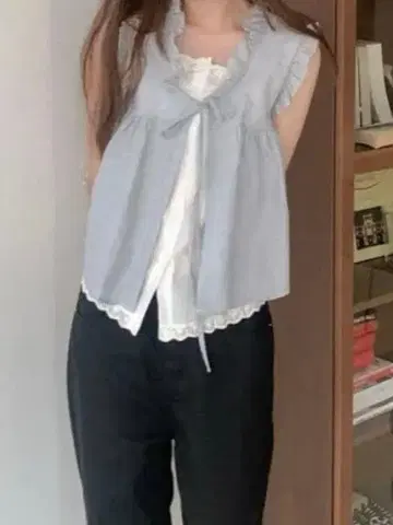 nugu 슬리브리스 코튼 리본 셔츠 그레이