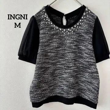 잉그 비쥬 부착 반팔 니트 절개 상의 블랙 M