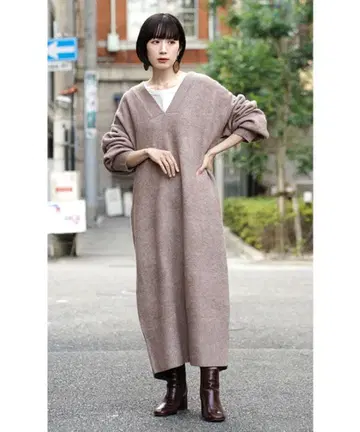 zootie 트렌드 실루엣 원피스 V넥 니트 루즈 롱 원피스