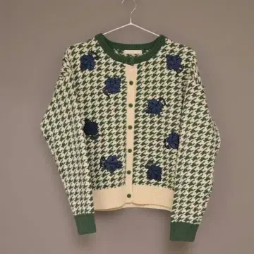 didizizi 꽃 자수 하운드투스 체크 가디건 그린