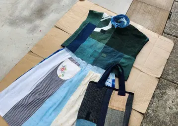 빈티지 원단 리메이크 블라우스 패치워크 목화 네이비 나염