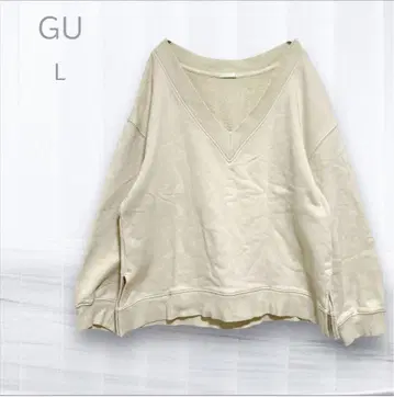 GU 지유 V넥 스웨트 셔츠 루즈핏 L 화이트 밑단 슬릿