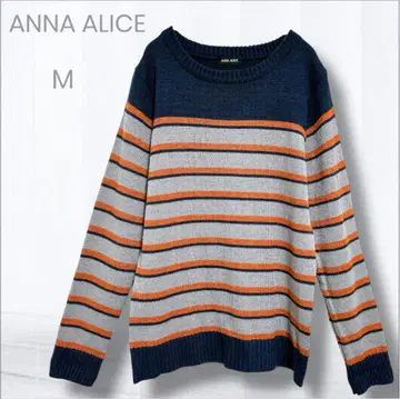 안나 앨리스 얇은 소재 스웨터 M 네이비 그레이 스트라이프 캐주얼