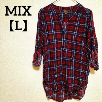 MIX [ L ] 체크 무늬 V넥 긴팔 튜닉