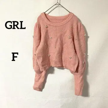[그레일] 니트 F 핑크 긴팔 리브 소매 가을/겨울 깔끔한 펄 스타일리시
