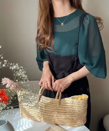 [새상품] 주노아 블라우스 S 블루 시스루 벌룬 슬리브 긴팔