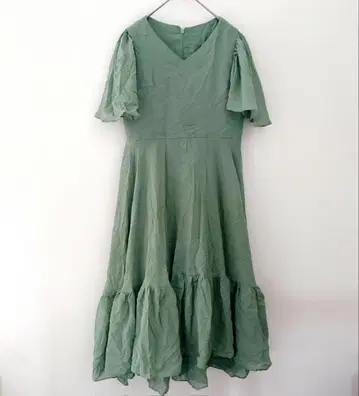 새상품급 티어드 원피스 반팔 그린 여성용 무릎 기장 프릴