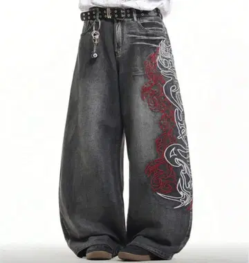 자수 장식 다크 그레이 블랙 와이드 데님 팬츠 구제 의류