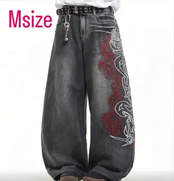 자수 장식 다크 그레이 블랙 와이드 데님 팬츠 구제 의류