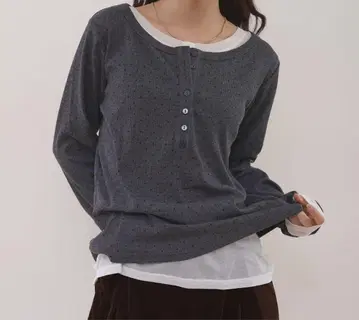 MUHET 헨리 넥 레이어드 롱 T셔츠 차콜 그레이