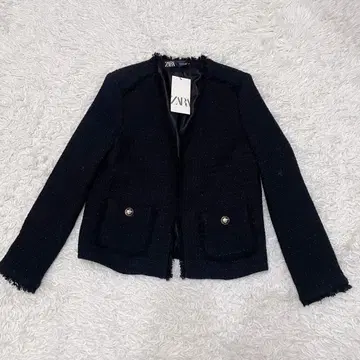 택 포함! ZARA 트위드 버튼리스 노카라 테일러드 자켓