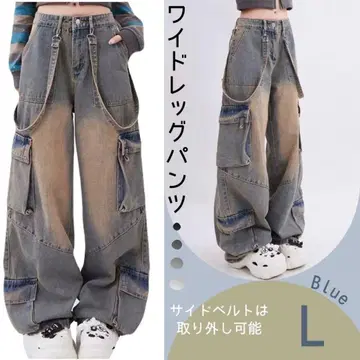 와이드 레그 팬츠 L 카고 팬츠 데님 청바지 워시드 팬츠