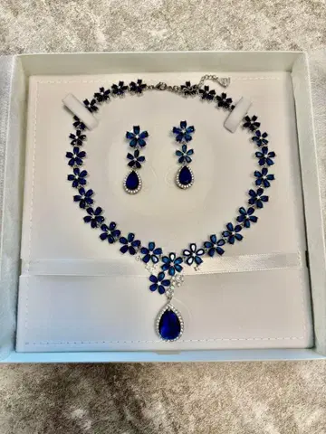 큐빅 지르코니아 웨딩 주얼리 세트 네이비 목걸이 & 귀걸이