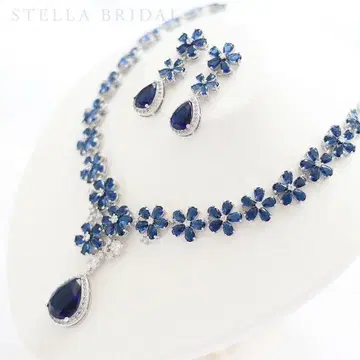 큐빅 지르코니아 웨딩 주얼리 세트 네이비 목걸이 & 귀걸이