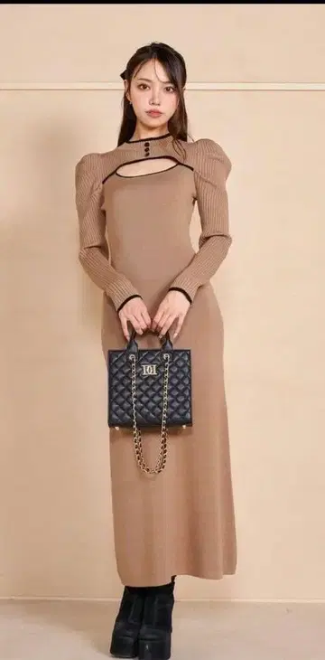 darich 파이핑 버튼 니트 롱 원피스 리치