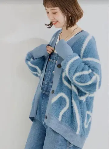 B.C STOCK 웨이브 패턴 자카드 가디건 색스 블루