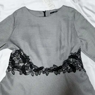 택 포함 미사용 새상품 레이스 장식 하운드투스 패턴 롱 원피스 LL