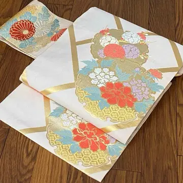 순수 실크 9치 나고야 오비 눈꽃 무늬에 꽃