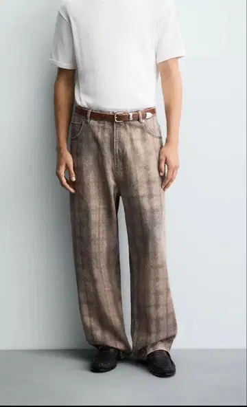 ZARA 배기 핏 청바지 브라운 체크 무늬 EU 36 (JP 29)