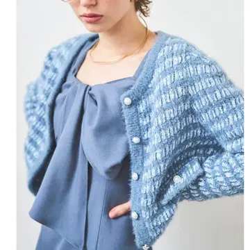 And Couture 프린지 페더 가디건 트위드 블루 프리