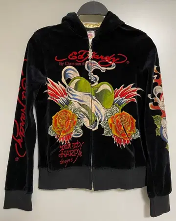 Ed Hardy 벨로아 라이트 스톤 타투 디자인 후드티 블랙 L 사이즈