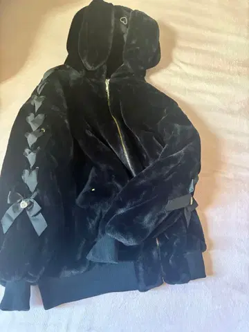 리즈리사 토끼 귀 후드 퍼 블루종 블랙