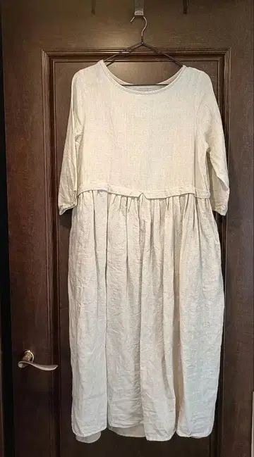 핸드메이드 린넨 작가 원피스 아이보리 7부 소매 안감 부착 베이지