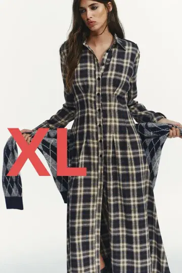 체크 무늬 긴팔 셔츠 원피스 XL